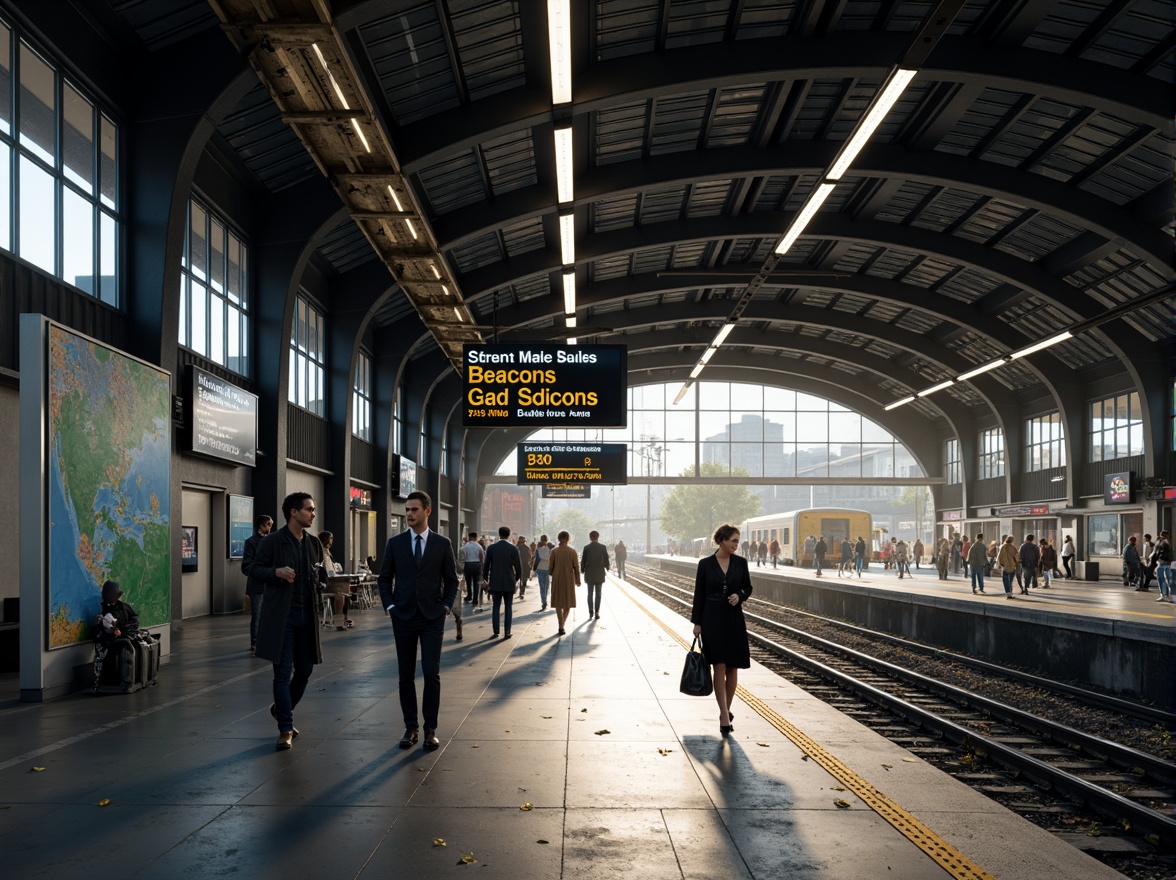 Prompt: Clean train station, modern minimalist signage, simple typography, bold font colors, sleek metal frames, backlit LED displays, intuitive wayfinding systems, easy-to-read timetables, geometric patterns, industrial materials, urban atmosphere, busy crowd, natural light pouring in, shallow depth of field, 1/1 composition, realistic textures, ambient occlusion.