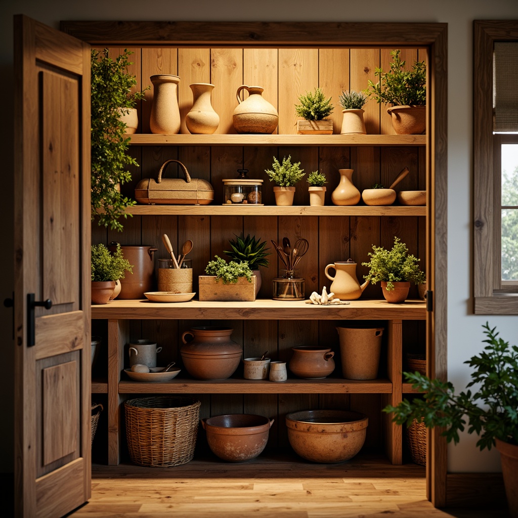 Prompt: Cozy pantry, warm wooden shelves, rustic storage bins, vintage kitchen utensils, aromatic spices, fresh herbs, woven baskets, earthy terracotta pots, distressed finishes, soft golden lighting, shallow depth of field, 1/1 composition, realistic textures, ambient occlusion, inviting atmosphere, farmhouse style, natural materials, earthy colors.