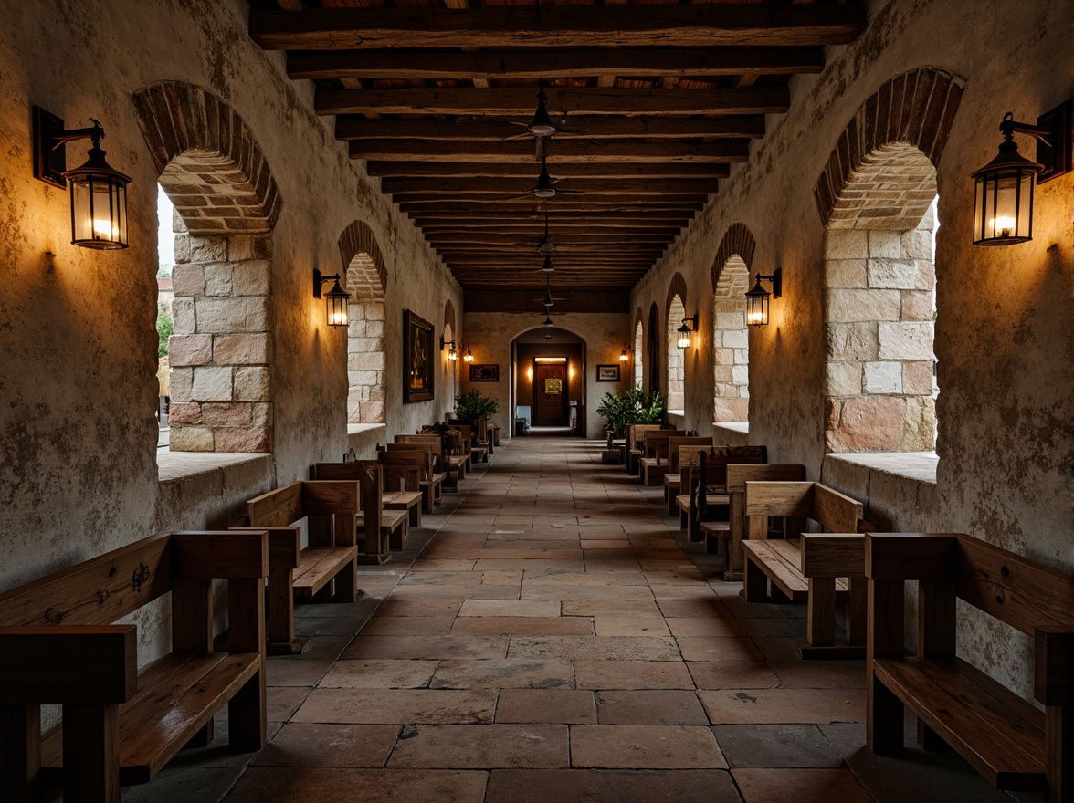 Prompt: Rustic monastery interior, distressed stone walls, worn wooden beams, vintage industrial lighting, metal lanterns, rough-hewn wooden benches, faded frescoes, peeling plaster, ornate metal fixtures, weathered brick arches, crumbling stonework, mysterious corridors, dim warm lighting, shallow depth of field, 2/3 composition, gritty realistic textures, ambient occlusion.