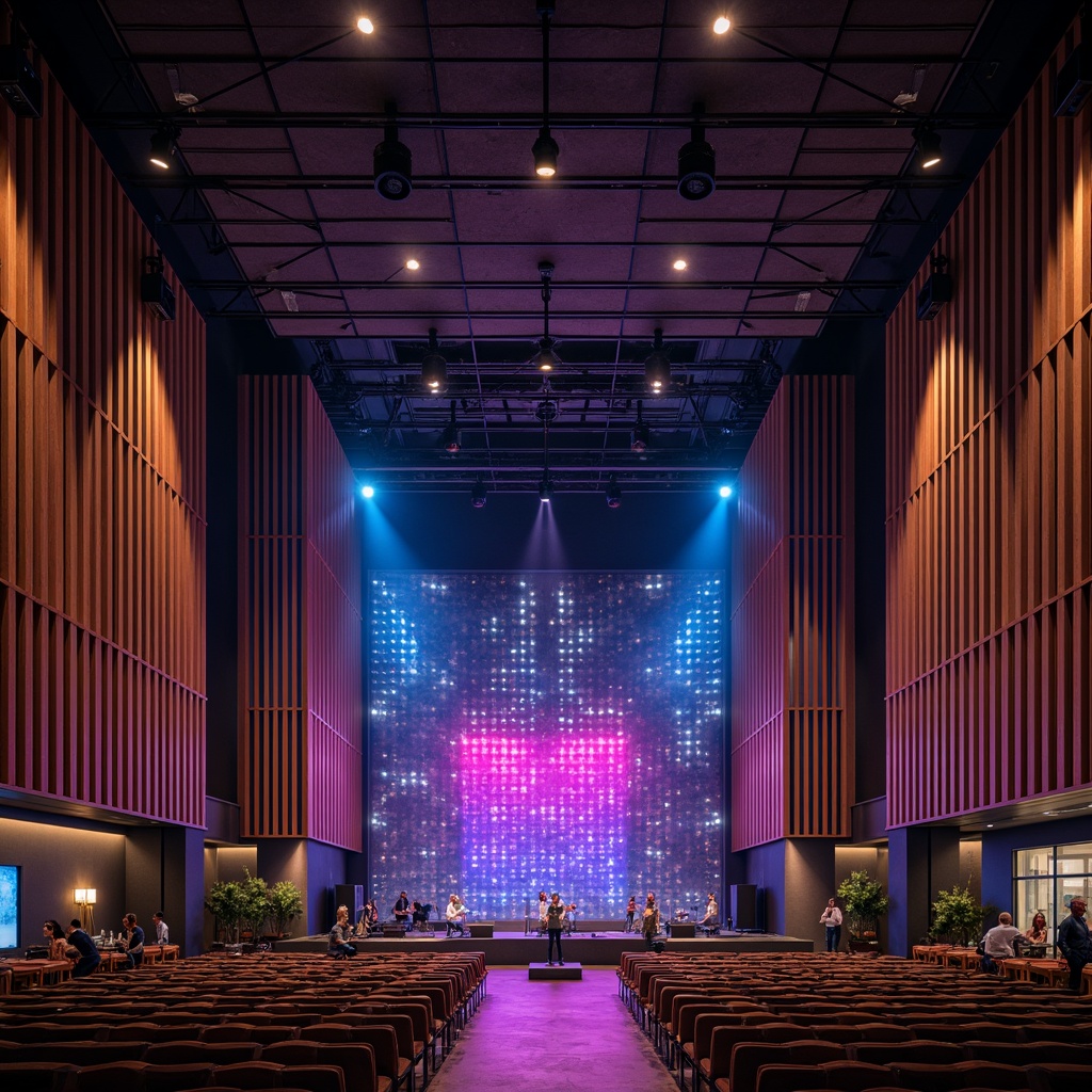 Prompt: Modern music venue, sleek acoustic panels, sound-absorbing materials, minimalist design, geometric patterns, dark wood accents, polished metal frames, vibrant colored LED lights, dynamic stage lighting, professional audio equipment, live performance atmosphere, urban cityscape, night-time scenery, shallow depth of field, 1/1 composition, realistic textures, ambient occlusion.