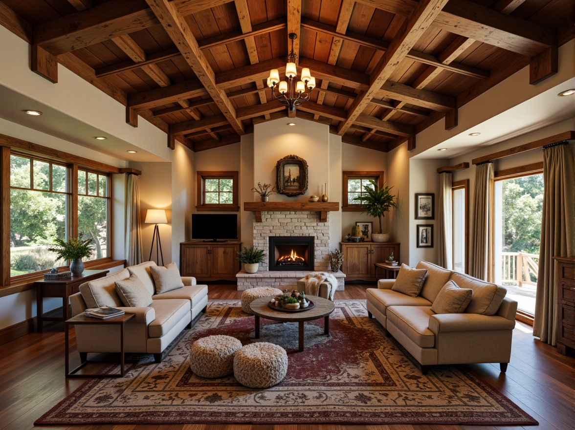 Prompt: Cozy living room, exposed wooden beams, rustic wood accents, earthy color palette, natural stone fireplace, plush area rugs, comfortable sofas, vintage decorative items, warm ambient lighting, shallow depth of field, 1/1 composition, realistic textures, soft focus, craftsman style interior design, wooden ceiling details, elegant chandeliers, warm beige walls, rich wood tones, inviting atmosphere, serene ambiance.