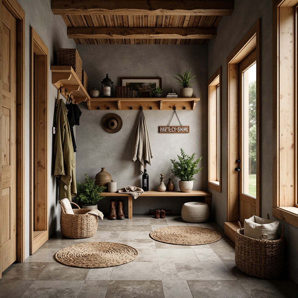 Prompt: Rustic mudroom, farmhouse style, wooden accents, distressed finishes, natural materials, earthy tones, stone flooring, ceramic tiles, concrete floors, industrial chic decor, metal beams, reclaimed wood shelving, vintage signs, woven baskets, natural fiber rugs, warm lighting, shallow depth of field, 1/2 composition, realistic textures, ambient occlusion.