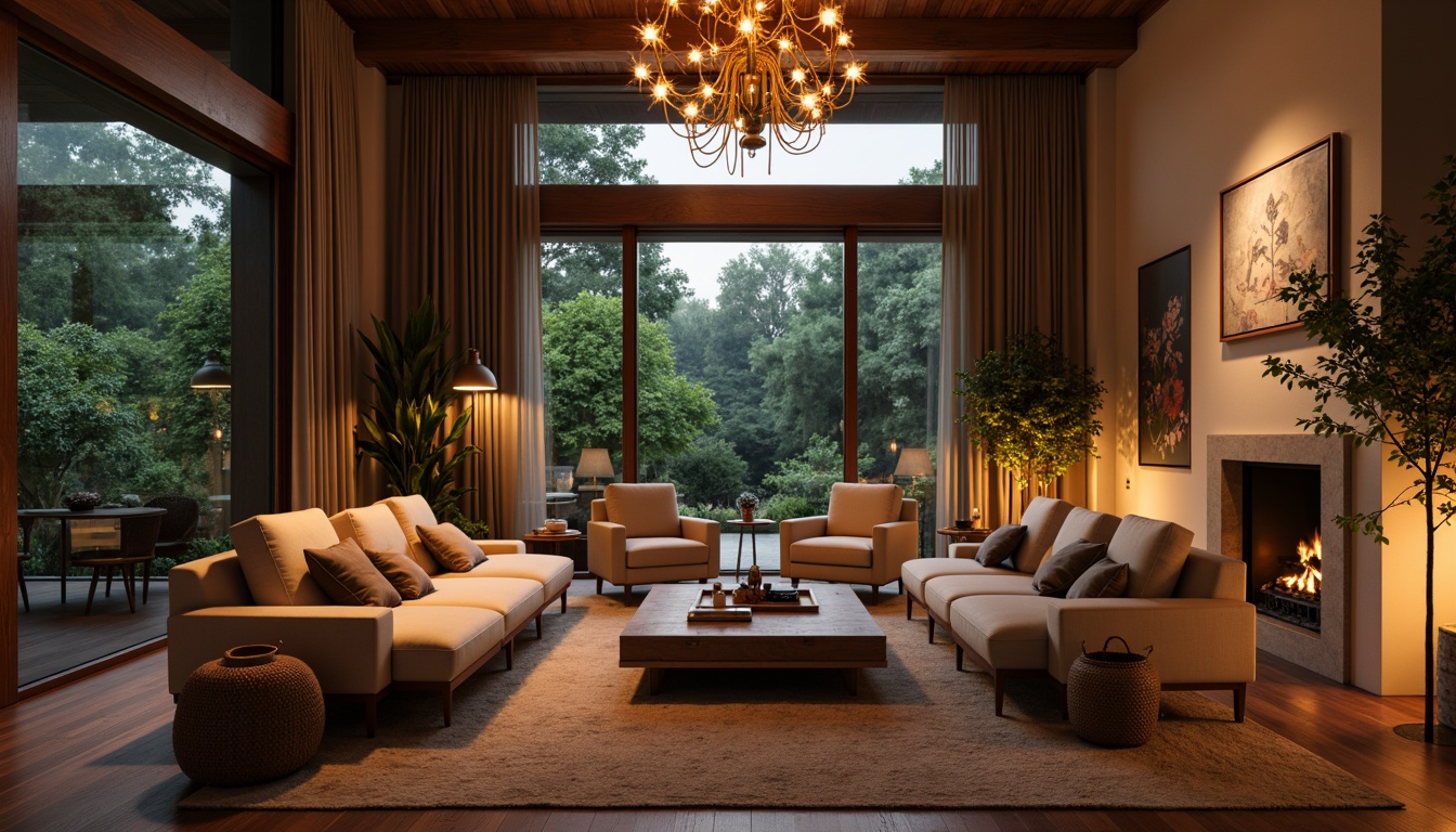 Prompt: Cozy living room, warm ambient lighting, soft glow, comfortable seating, plush carpets, wooden accents, modern chandelier, floor lamps, table lamps, natural textiles, calming colors, soothing atmosphere, layered lighting, warm color temperatures, high ceilings, large windows, outdoor views, greenery, nature-inspired decor, minimalist elegance, sophisticated ambiance, relaxing mood, gentle shadows, subtle contrasts, 1/1 composition, soft focus, atmospheric perspective.