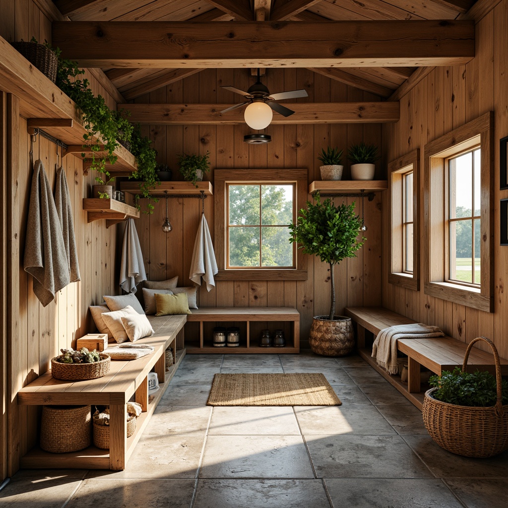 Prompt: Rustic mudroom, natural wood accents, earthy tones, woven baskets, sturdy benches, functional shelves, industrial-style lighting fixtures, metal lanterns, exposed bulbs, warm soft glow, cozy ambiance, high ceilings, wooden beams, stone flooring, nature-inspired textiles, vibrant greenery, sunny day, shallow depth of field, 1/1 composition, realistic textures.