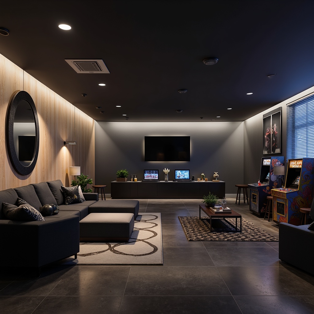 Prompt: Minimalist game room, sleek console tables, low-profile sofas, industrial metal chairs, neon-lit arcade machines, geometric-patterned rugs, monochromatic color scheme, clean lines, minimalist decor, ambient lighting, 1/1 composition, shallow depth of field, realistic textures, subtle reflections.