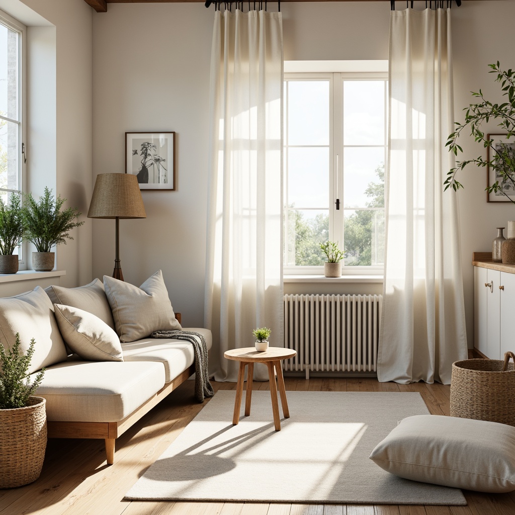 Prompt: Light-filled Scandinavian interior, soft creamy whites, warm beige tones, pale blues, muted greens, natural wood accents, minimalist decor, clean lines, simple shapes, cozy textiles, woven baskets, plants with delicate foliage, morning sunlight, gentle warm glow, shallow depth of field, 1/1 composition, realistic wood grain textures, ambient occlusion.