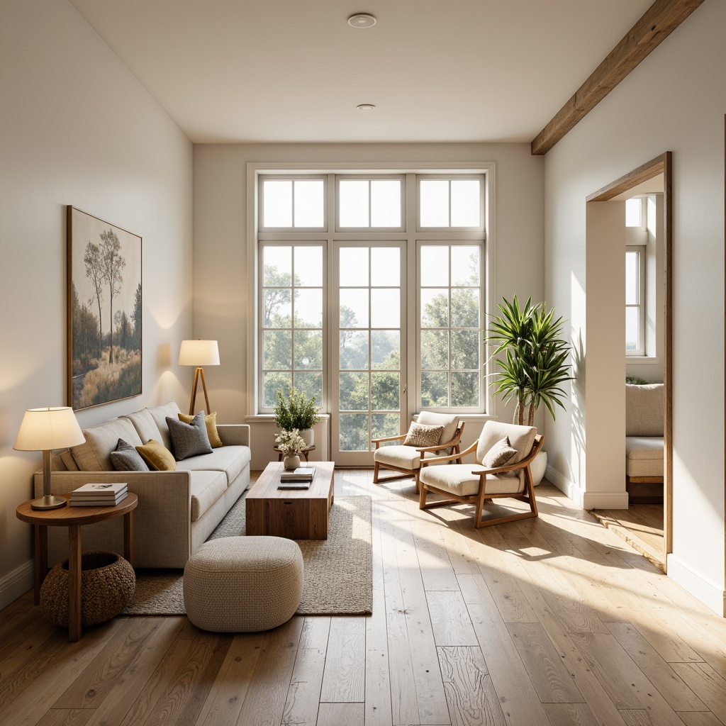 Prompt: Cozy hall, light wood flooring, minimalist decor, comfortable sofas, plush throw pillows, natural textiles, wooden armchairs, sleek coffee tables, geometric-patterned rugs, warm floor lamps, Nordic-inspired accents, creamy white walls, large windows, soft diffused lighting, 1/1 composition, realistic wood textures, ambient occlusion.