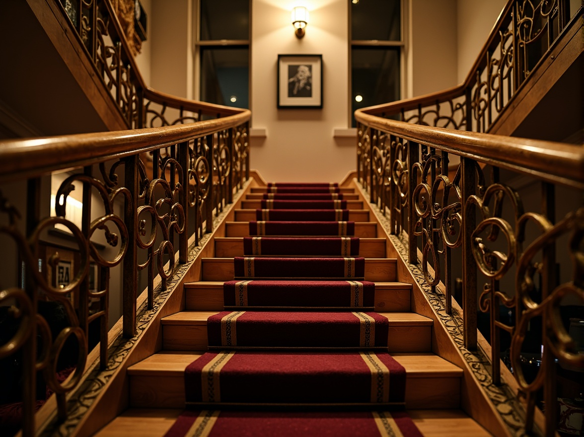 Prompt: Intricate Art Nouveau staircases, ornate railings with flowing curves, organic shapes, botanical motifs, sinuous lines, whiplash patterns, golden metalwork, polished wooden steps, luxurious carpeting, dim warm lighting, shallow depth of field, 1/1 composition, symmetrical view, realistic textures, ambient occlusion.