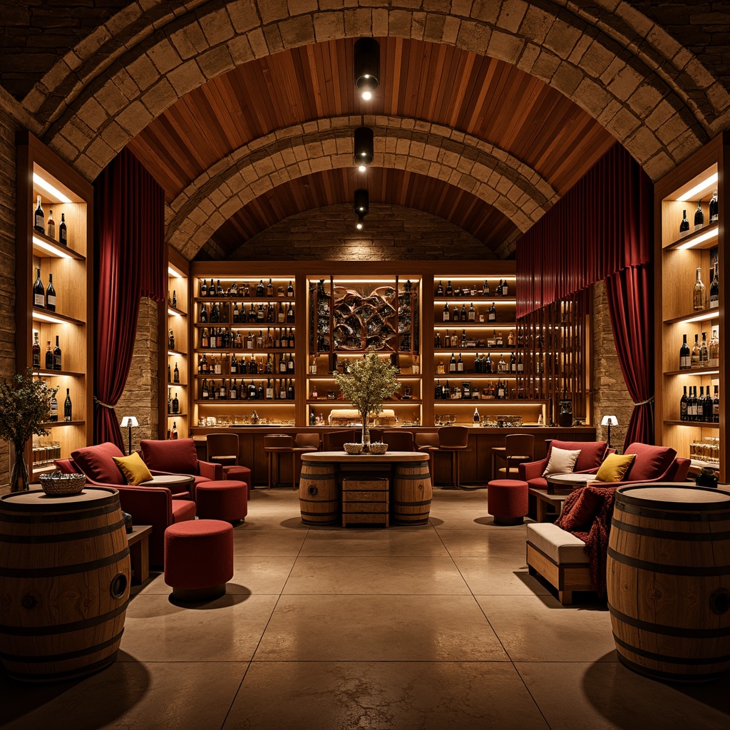 Prompt: Luxurious wine cellar, rich wood tones, stone walls, dimmable ambient lighting, warm golden glow, subtle LED strips, elegant glass racks, refined wine barrels, vintage wine collections, intimate seating areas, soft velvet drapes, sophisticated color schemes, dramatic archways, ornate metalwork, rustic wooden crates, ambient shadows, cozy atmosphere, 1/2 composition, low-key backlighting.