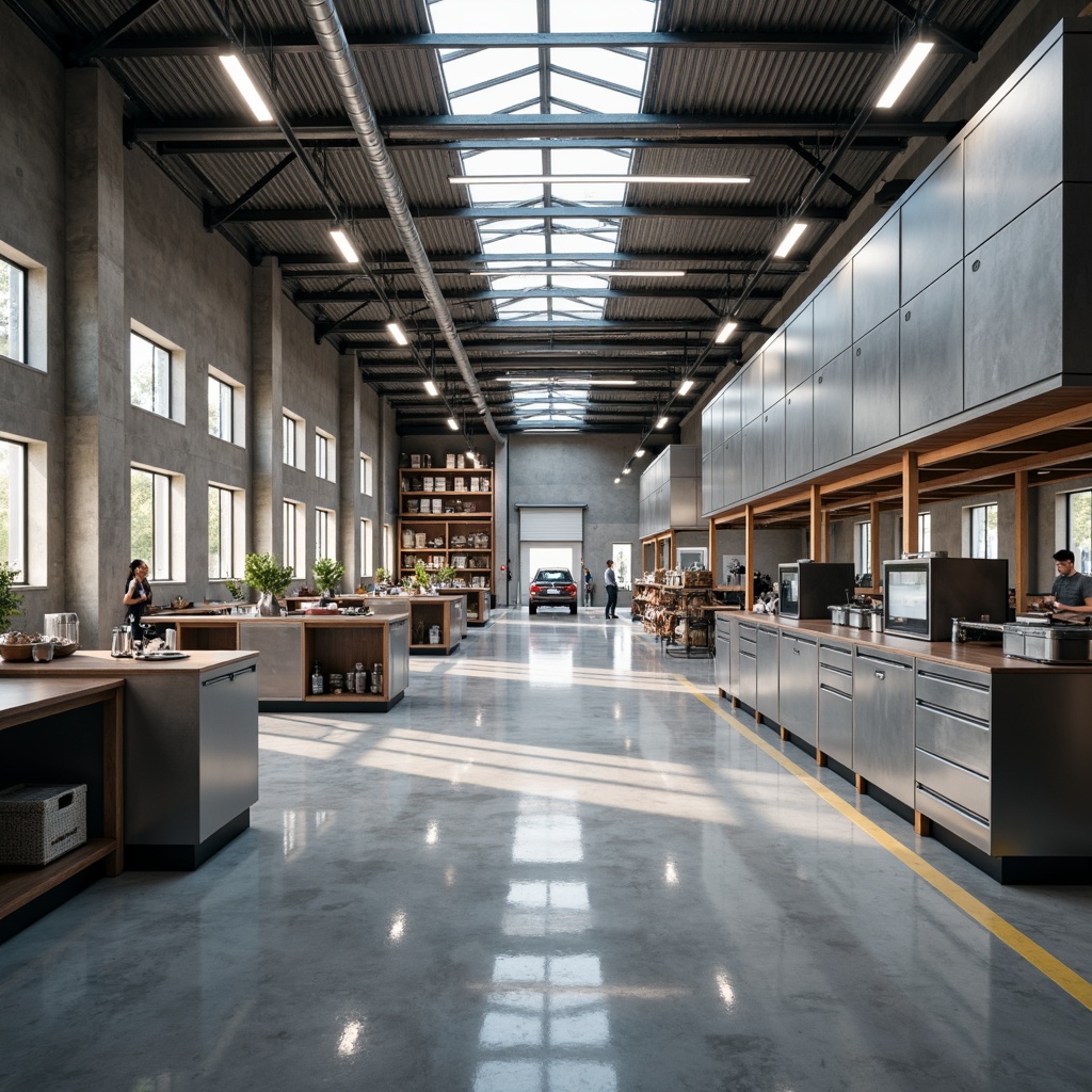 Prompt: Industrial distribution center interior, polished concrete floors, exposed ductwork, metal beams, LED lighting, minimalist decor, functional shelving units, steel cabinets, epoxy resin countertops, durable vinyl flooring, textured walls, urban industrial vibe, neutral color palette, high ceilings, open spaces, natural light filtering through skylights, realistic reflections, shallow depth of field, 1/1 composition, panoramic view.