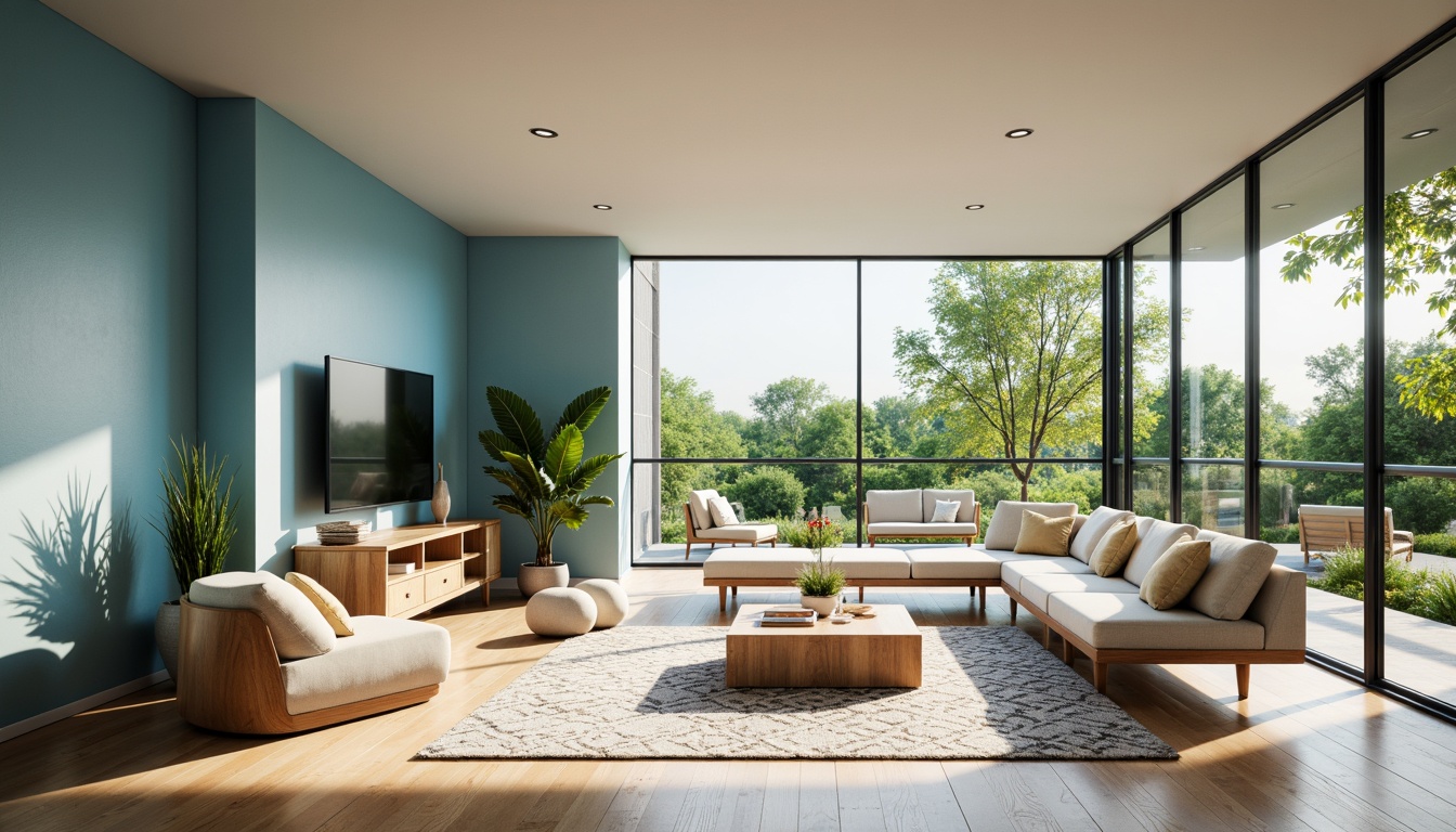 Prompt: Light blue accent walls, natural wood floors, mid-century modern furniture, sleek low-profile sofas, geometric patterned rugs, minimalist decor, large windows, sliding glass doors, lush greenery views, sunny afternoon light, soft warm glow, shallow depth of field, 3/4 composition, panoramic view, realistic textures, ambient occlusion.