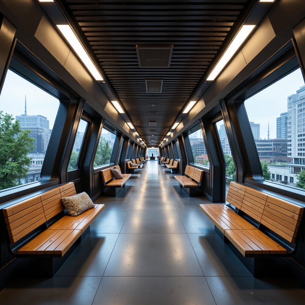 Prompt: Streamlined train station interior, modern industrial aesthetic, polished metal accents, sleek wooden benches, minimalist luggage racks, futuristic LED lighting, comfortable waiting areas, dynamic curves, geometric patterns, retro-futuristic decor, bold color schemes, urban cityscape views, bustling atmosphere, shallow depth of field, 1/2 composition, warm softbox lighting, realistic reflections, ambient occlusion.