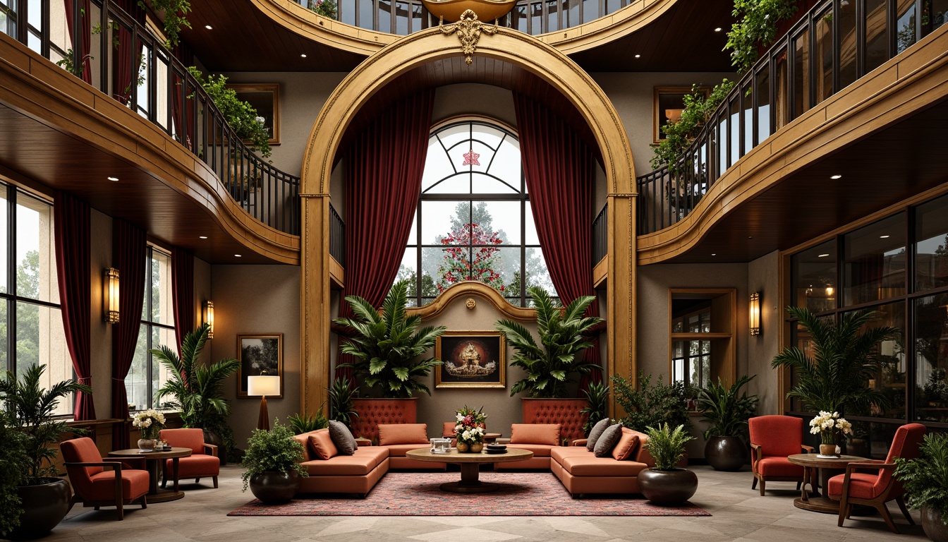 Prompt: Ornate building facade, sinuous curves, flowing organic forms, intricate metalwork, stained glass windows, botanical motifs, luxurious materials, velvet drapes, polished wood furniture, gilded accents, warm golden lighting, shallow depth of field, 1/1 composition, soft focus effect, realistic textures, ambient occlusion.