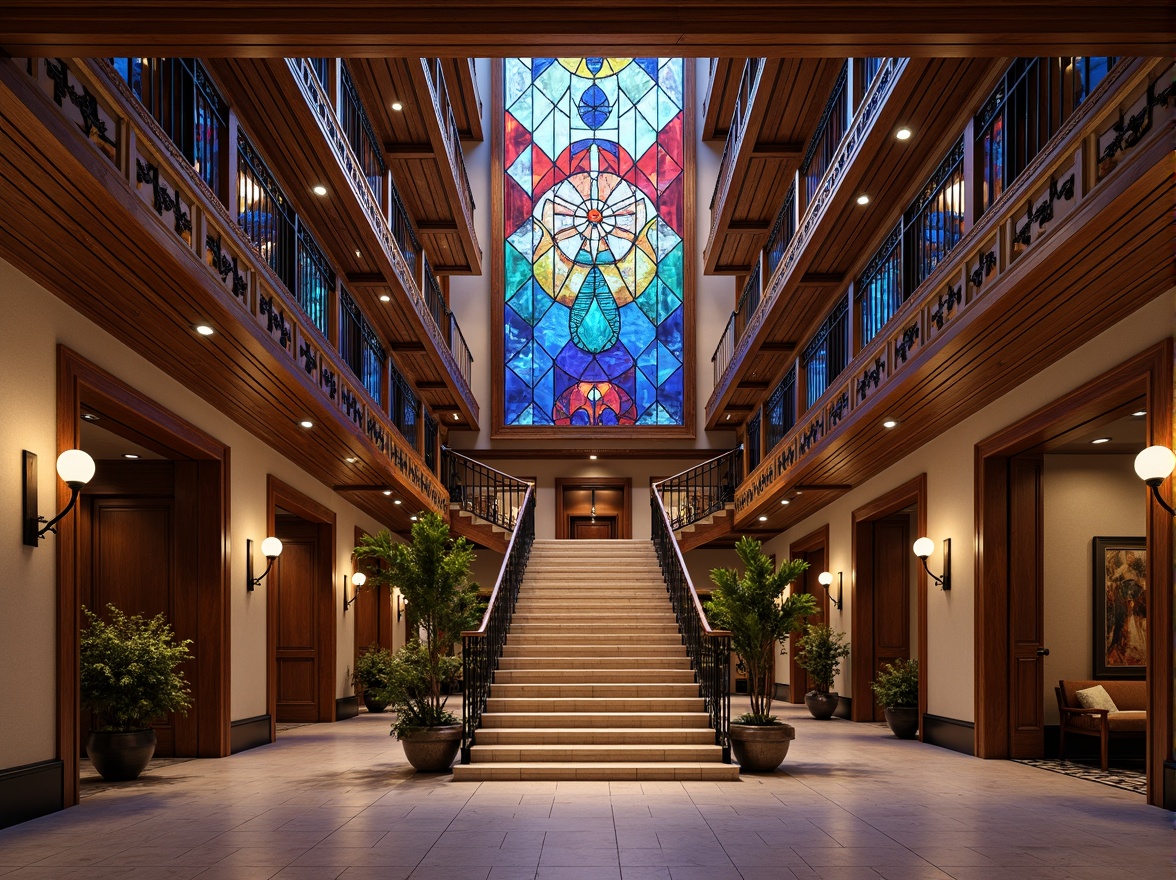 Prompt: Intricate staircase, ornate banisters, stained glass elements, colorful geometric patterns, vibrant hues, Art Nouveau inspiration, grand entrance hall, high ceilings, marble flooring, luxurious materials, warm ambient lighting, soft focus, shallow depth of field, 1/1 composition, realistic textures, ambient occlusion.Let me know if this meets your expectations!