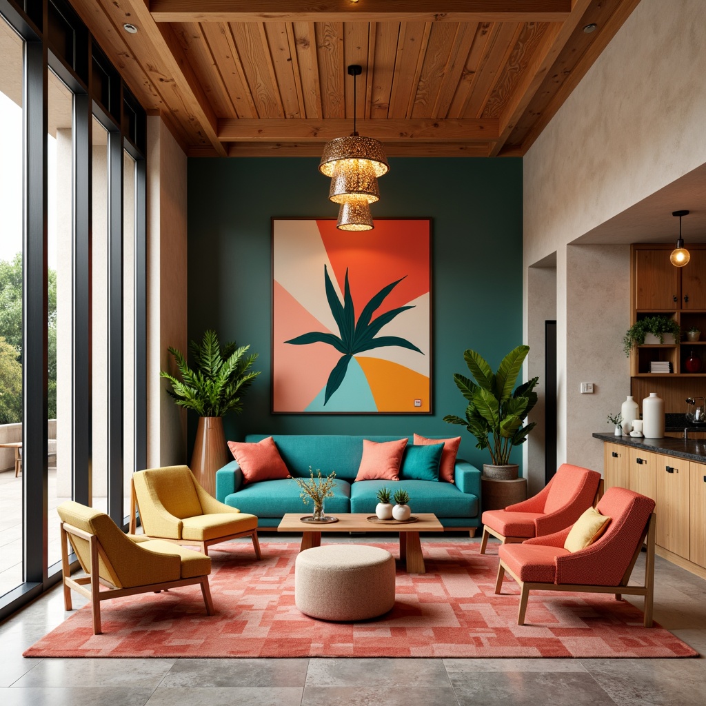 Prompt: Vibrant modern interior, bold color accents, sleek furniture, metallic finishes, abstract artwork, statement lighting fixtures, geometric patterns, luxurious textiles, rich wood tones, natural stone floors, minimalist decor, pops of bright coral, deep turquoise, sunny yellow, soft peach, warm beige, 1/1 composition, high contrast ratio, dramatic shadows, realistic reflections.