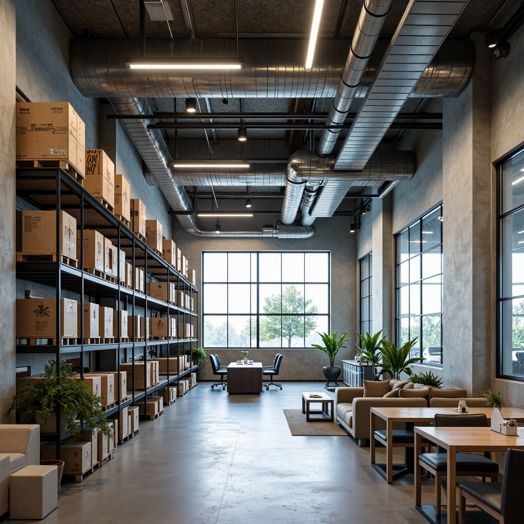 Prompt: Industrial chic distribution center interior, polished concrete floors, exposed ductwork, metallic beams, neutral color palette, matte finishes, textured walls, LED lighting, modern shelving systems, sleek metal railings, functional workstations, ergonomic seating, durable rubber flooring, industrial-style decor, minimalist aesthetic, high ceilings, natural light pouring in, subtle gradient effects, realistic reflections, 1/1 composition, softbox lighting.