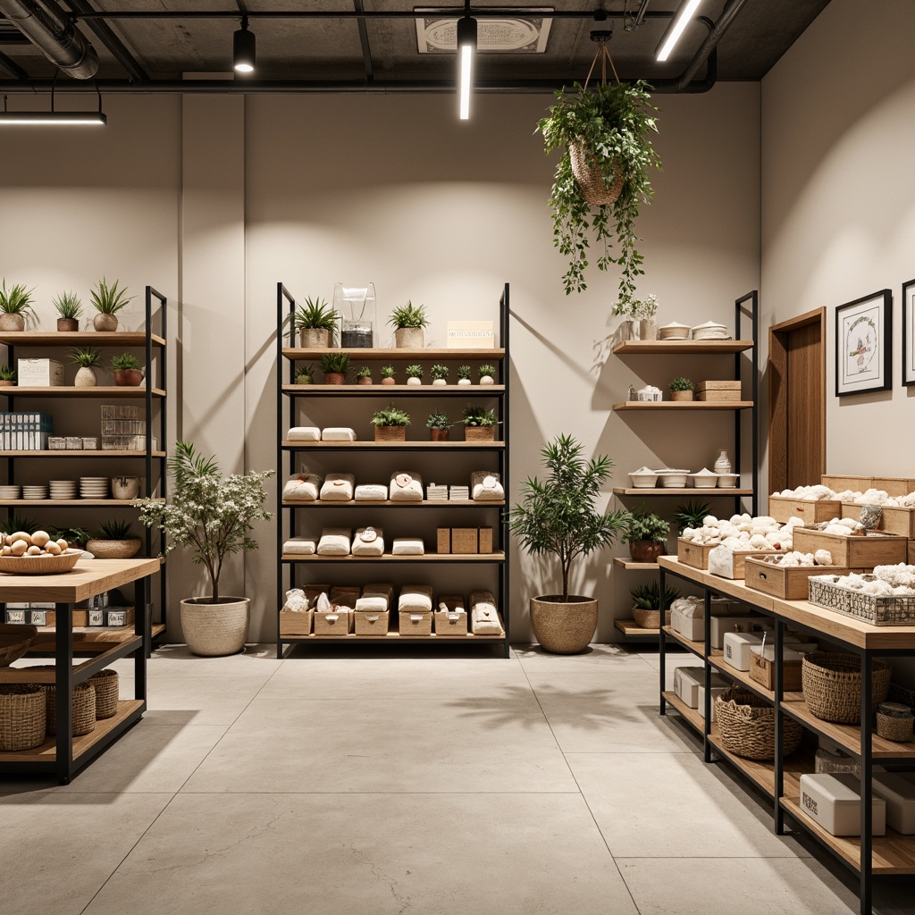 Prompt: Monochromatic grocery store interior, neutral beige walls, polished concrete floors, industrial metal shelving, wooden crates, natural fiber textiles, earthy tone packaging, pastel color accents, soft warm lighting, shallow depth of field, 1/2 composition, realistic textures, ambient occlusion, Scandinavian-inspired design, simplicity-driven aesthetic, clean lines, minimal ornamentation, functional layout.