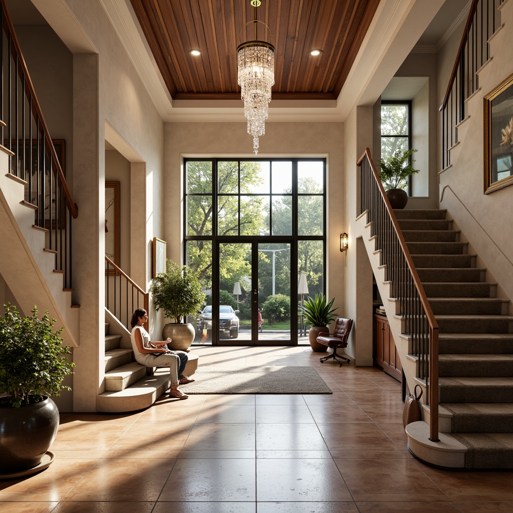 Prompt: Elegant entrance hall, luxurious wooden flooring, polished marble tiles, soft plush carpeting, grand staircase, crystal chandelier, refined interior design, sophisticated color palette, natural stone walls, high ceilings, spacious layout, dramatic lighting effects, 1/1 composition, realistic reflections, ambient occlusion.