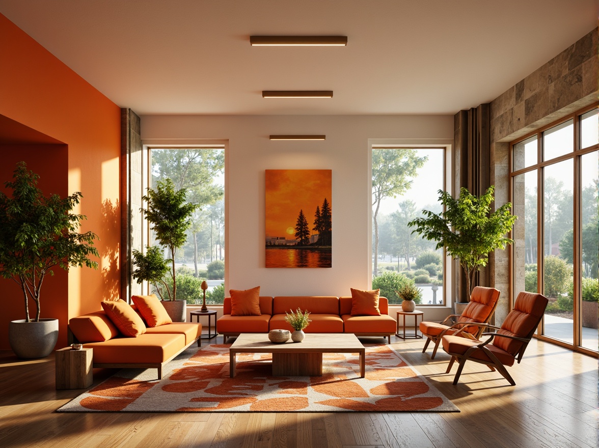 Prompt: Vibrant tangerine hues, warm orange tones, creamy whites, rich wood accents, modern minimalist decor, sleek low-profile furniture, geometric patterned rugs, industrial metal lighting fixtures, lush greenery, natural stone walls, floor-to-ceiling windows, abundant sunlight, soft warm glow, shallow depth of field, 3/4 composition, realistic textures, ambient occlusion.