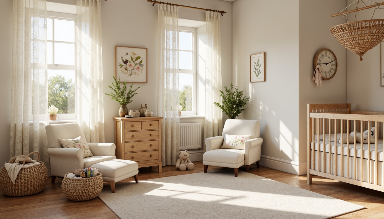 Prompt: Cozy baby room, farmhouse style, soft cotton fabrics, gentle floral patterns, pastel colors, natural wood furniture, plush toys, vintage decor, distressed finishes, warm beige tones, creamy whites, rustic accents, woven baskets, lace curtains, botanical prints, gentle lighting, shallow depth of field, 1/1 composition, intimate atmosphere, realistic textures.