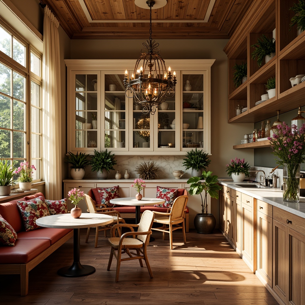 Prompt: Cozy breakfast nook, warm earthy tones, natural wood accents, plush cushions, soft morning light, elegant chandelier, ornate metalwork, vibrant floral patterns, delicate china cabinets, creamy marble countertops, rustic wooden tables, woven wicker chairs, lush greenery, fresh flower arrangements, subtle scents, warm beige walls, rich brown floors, 1/2 composition, soft focus, gentle warm lighting.