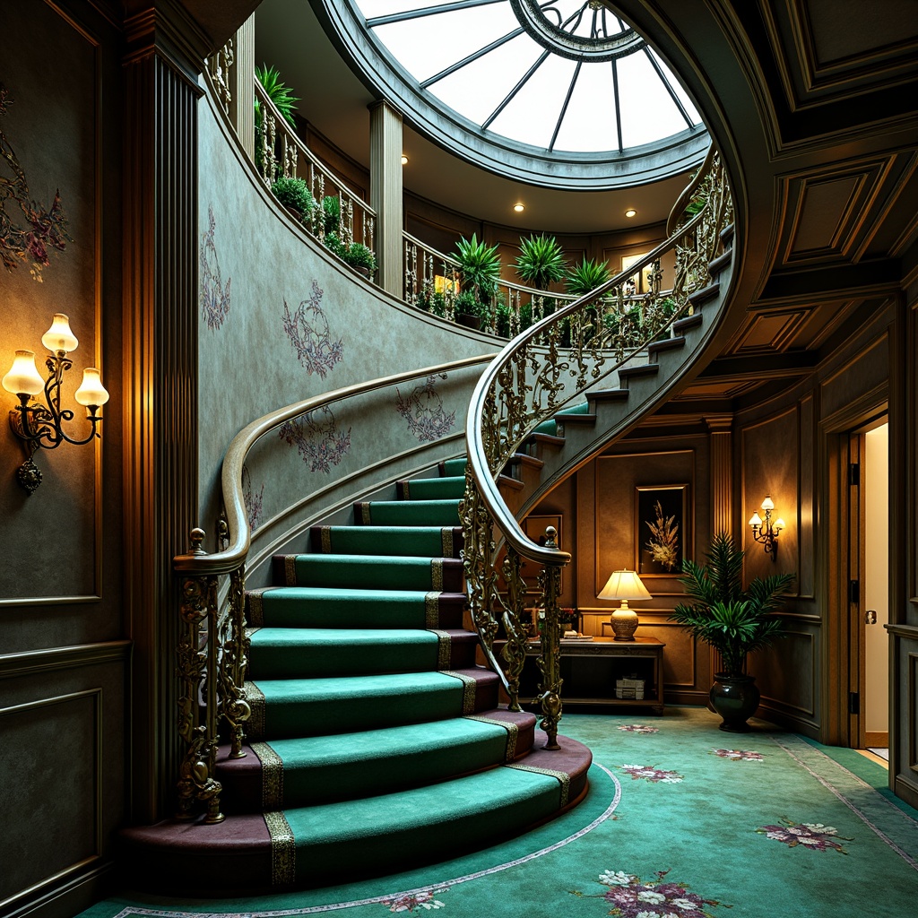 Prompt: Opulent staircase, Art Nouveau style, sinuous lines, flowing curves, organic forms, ornate metalwork, intricate carvings, rich jewel tones, emerald green, sapphire blue, amethyst purple, golden accents, bronze railings, velvet upholstery, lush floral patterns, soft warm lighting, shallow depth of field, 2/3 composition, realistic textures, ambient occlusion.