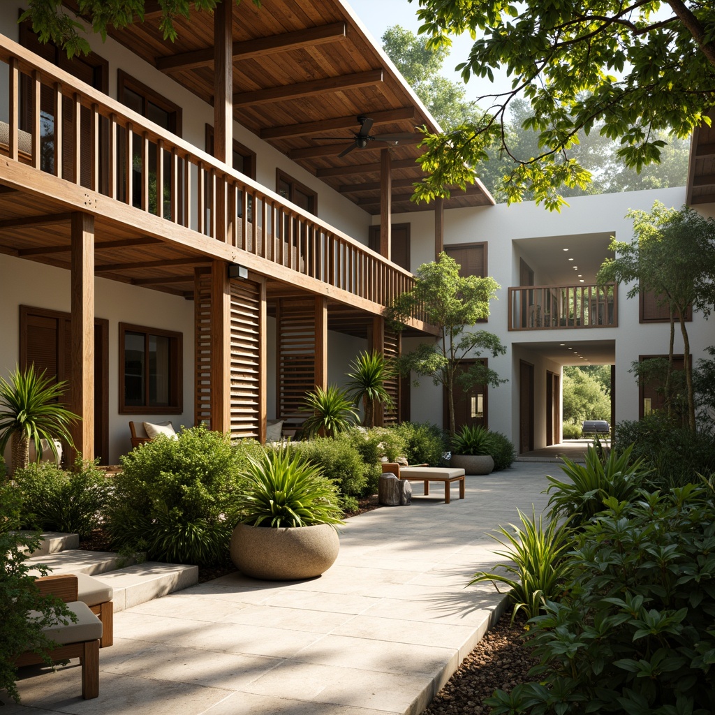 Prompt: Tropical style building, natural ventilation, large overhanging eaves, wooden shutters, louvered windows, clerestory openings, high ceilings, ceiling fans, cross-ventilation design, open floor plans, breezy corridors, lush green walls, tropical plants, warm sunny day, soft natural lighting, shallow depth of field, 1/1 composition, realistic textures, ambient occlusion.