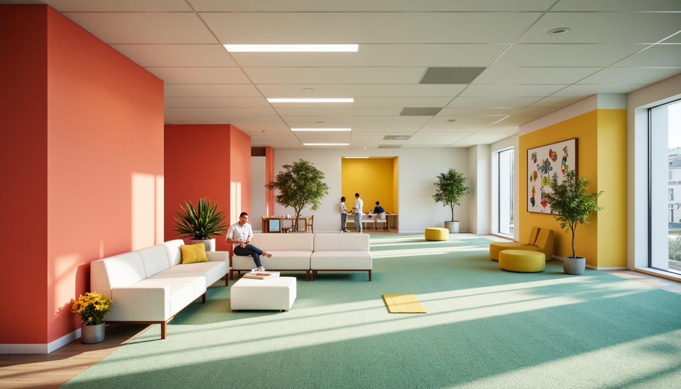 Prompt: Vibrant youth center, energetic atmosphere, playful accents, bright coral walls, creamy white furniture, soft mint green carpets, bold yellow decorations, calming blue tones, natural wood textures, modern minimalist design, abundant daylight, warm LED lighting, shallow depth of field, 1/1 composition, realistic rendering, ambient occlusion.