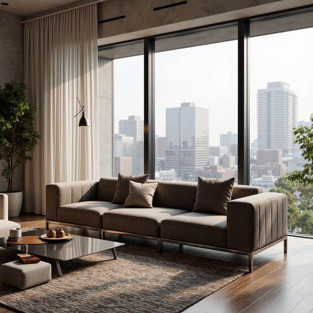 Prompt: Modern living room, sleek low-profile sofa, tufted velvet upholstery, chrome legs, minimalist coffee table, geometric patterned rug, floor-to-ceiling windows, natural light pouring in, urban cityscape view, soft warm lighting, 1/1 composition, shallow depth of field, realistic textures, ambient occlusion.