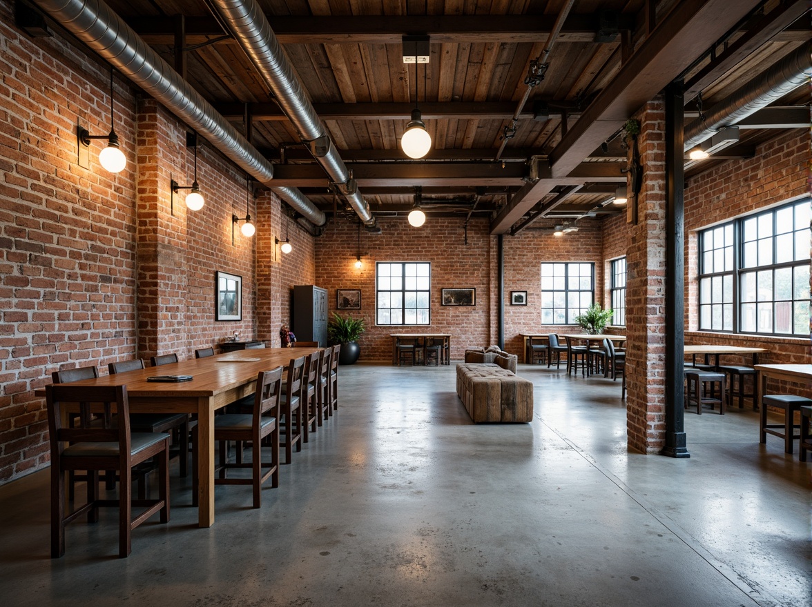 Prompt: Exposed brick walls, metal beams, reclaimed wood accents, industrial-style lighting fixtures, distressed finishes, vintage manufacturing equipment, urban loft atmosphere, concrete floors, steel columns, functional pipes, mechanical details, Edison bulbs, metallic color scheme, neutral tone palette, high ceilings, open space layout, natural light pouring in, softbox lighting effect, shallow depth of field, 2/3 composition, realistic textures, ambient occlusion.