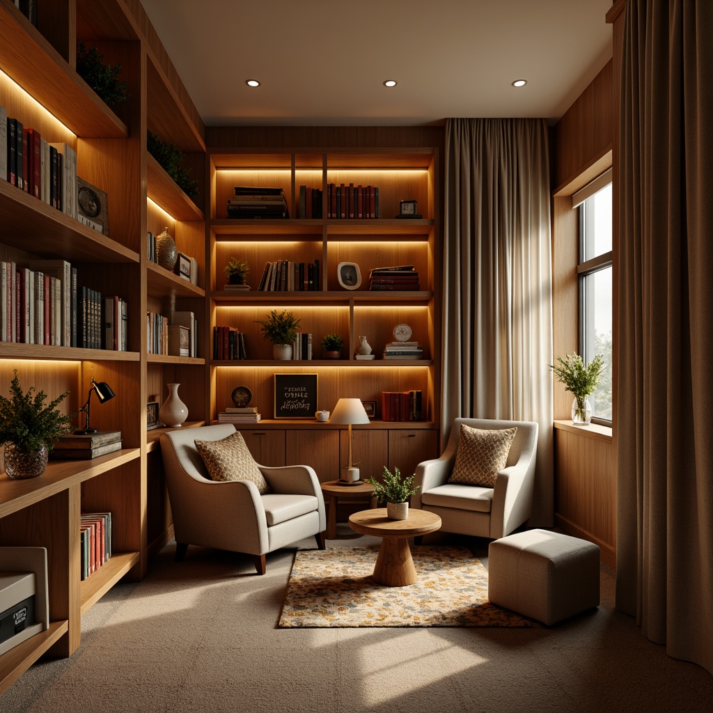 Prompt: Cozy reading nook, warm wood accents, soft plush carpet, sound-absorbing acoustic panels, calming neutral colors, comfortable reading chairs, floor lamps, natural fiber textiles, bookshelves with leather-bound books, quiet atmosphere, warm diffused lighting, shallow depth of field, 2/3 composition, realistic textures, ambient occlusion.