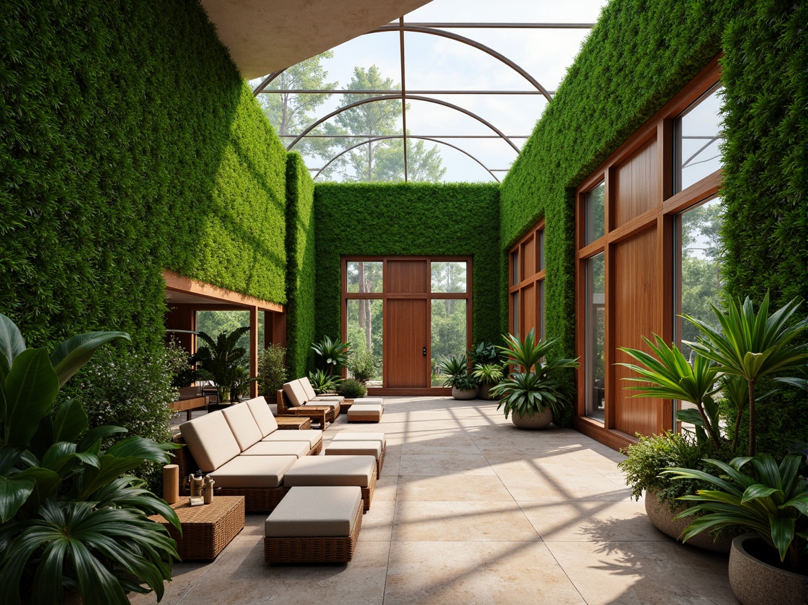 Prompt: Lush green walls, natural stone flooring, abundant tropical plants, warm wooden accents, curved glass roofs, soft diffused lighting, shallow depth of field, 3/4 composition, panoramic view, realistic textures, ambient occlusion, open airy atmosphere, minimalist decor, reclaimed wood furniture, woven rattan chairs, earthy color palette, natural ventilation systems, eco-friendly materials, innovative climate control technologies.