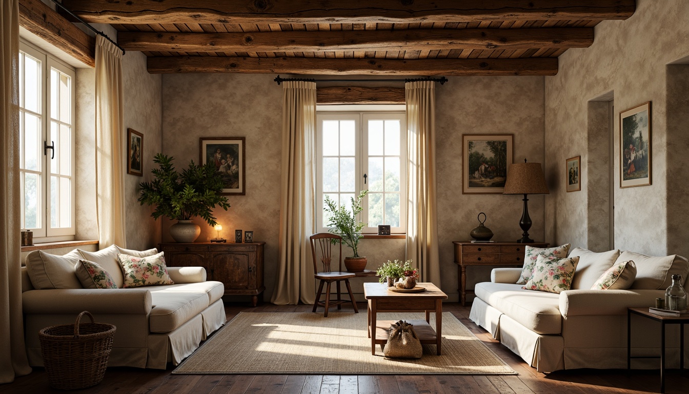 Prompt: Rustic French country estate, distressed wood accents, vintage metalware, soft billowy curtains, linen upholstery, natural fiber rugs, woven baskets, antique furniture pieces, floral patterned fabrics, subtle Toile de Jouy prints, romantic lace trims, elegant velvet drapes, warm beige stonewalls, aged wooden beams, cozy candlelit ambiance, soft diffused lighting, shallow depth of field, 2/3 composition, intimate close-up shots, realistic textures, ambient occlusion.