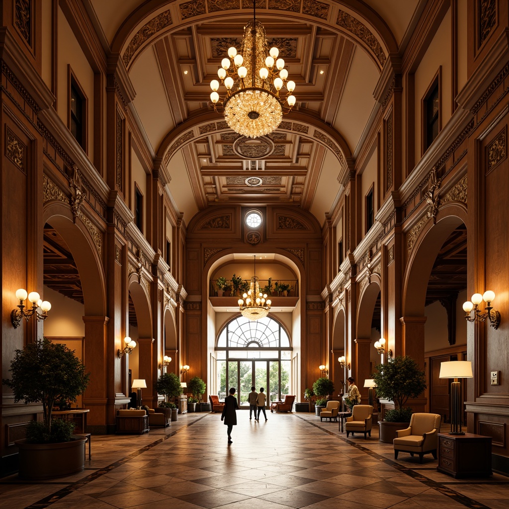 Prompt: Grand hotel lobby, high ceiling, ornate chandeliers, elegant archways, decorative moldings, luxurious furnishings, rich wood paneling, marble floors, crystal sconces, intricate carvings, classical columns, symmetrical composition, warm golden lighting, soft focus, shallow depth of field, 2/3 perspective, realistic textures, ambient occlusion.