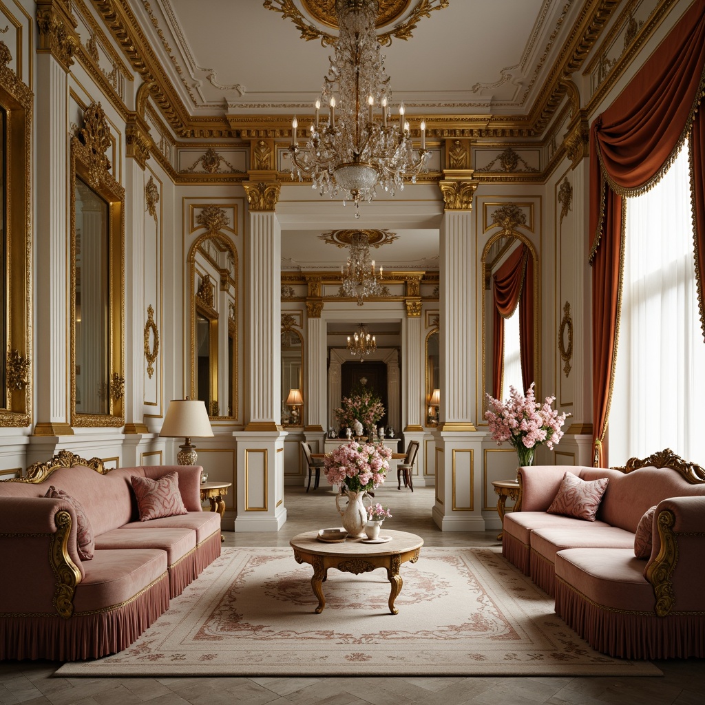 Prompt: Opulent Rococo interior, lavish furnishings, ornate mirrors, gilded frames, delicate carvings, intricate moldings, soft pastel colors, velvety textures, luxurious fabrics, tassel trimmings, crystal chandeliers, curved lines, asymmetrical compositions, subtle gradations, warm golden lighting, shallow depth of field, 1/2 composition, intimate atmosphere, romantic ambiance, French Renaissance inspirations, Baroque influences.