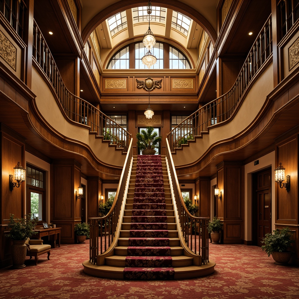 Prompt: Grand staircase, ornate balusters, intricate carvings, luxurious fabrics, rich wood tones, metallic accents, sweeping curves, regal atmosphere, opulent chandeliers, crystal pendant lights, plush carpeting, elegant handrails, subtle molding details, warm golden lighting, 1/1 composition, shallow depth of field, realistic textures, ambient occlusion.