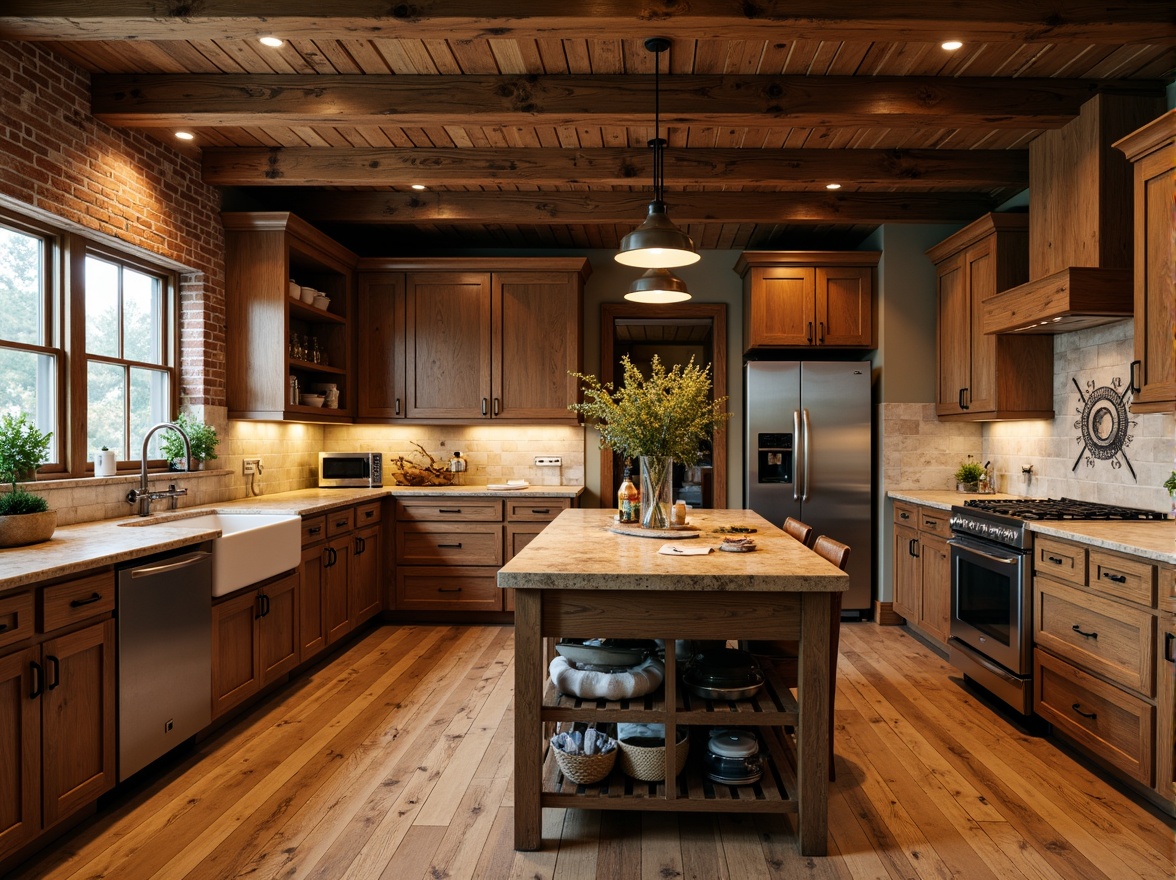 Prompt: Rustic kitchen, wooden cabinetry, earthy tones, butcher-block countertops, warm beige granite, rich brown wood flooring, vintage appliances, farmhouse sink, natural stone backsplash, exposed brick walls, distressed finishes, soft ambient lighting, cozy atmosphere, 1/1 composition, realistic textures, warm color palette.