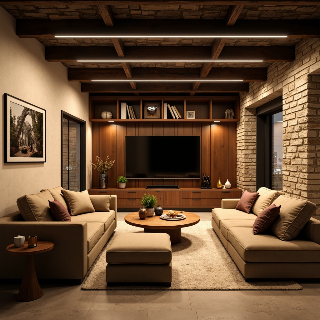 Prompt: Cozy basement atmosphere, warm earthy tones, rich wood accents, soft cream walls, comfortable furniture, dimmable lighting, natural stone textures, industrial metal beams, rustic brick features, modern minimalist decor, bold accent colors, intimate gathering spaces, plush area rugs, warm beige floors, inviting entertainment areas, cinematic dark colors, ambient mood lighting, 1/1 composition, shallow depth of field.