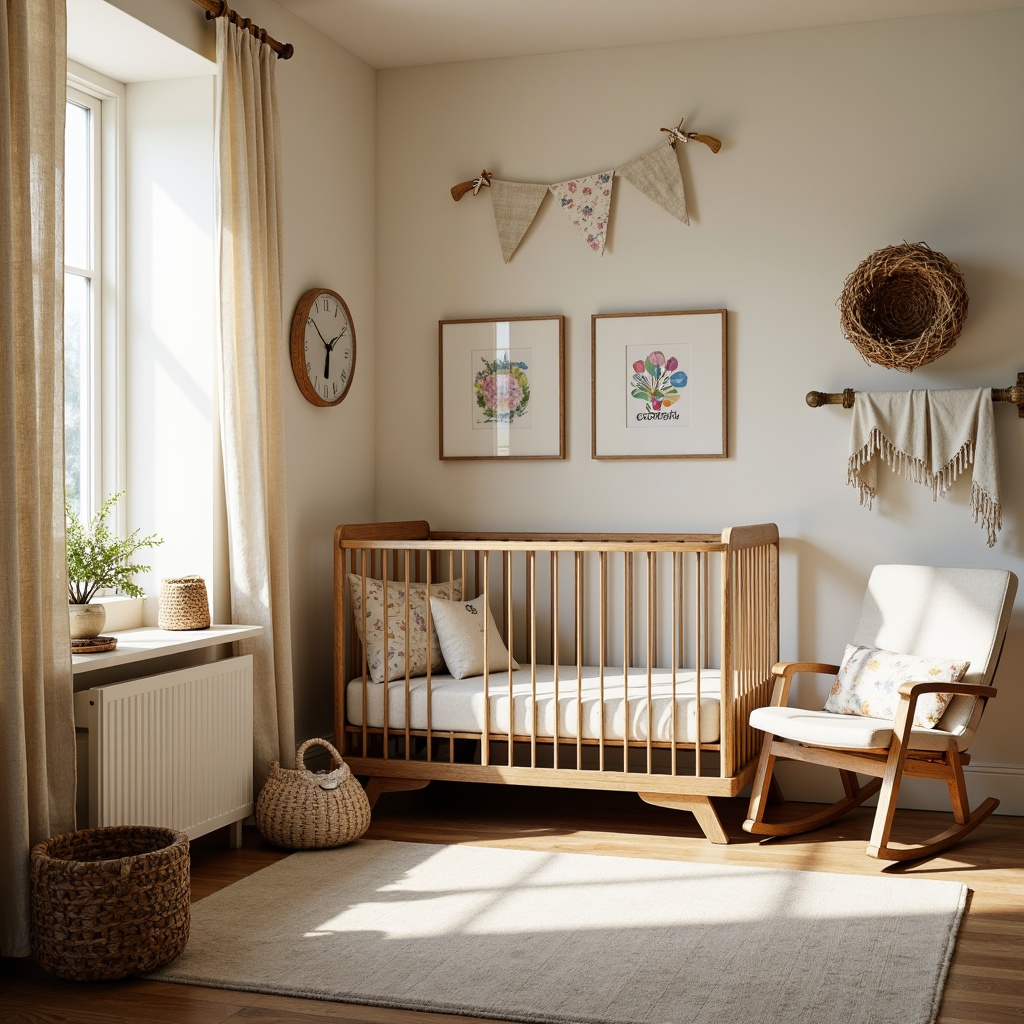 Prompt: Rustic baby room, farmhouse style, wooden crib, vintage metal frame, soft cream-colored walls, distressed wood furniture, plush area rug, natural woven baskets, linen drapes, warm beige tones, antique decorative accents, floral patterns, pastel colors, nursery rhyme prints, cozy reading nook, comfortable glider rocker, natural light pouring in, shallow depth of field, 1/2 composition, soft focus, warm color grading.