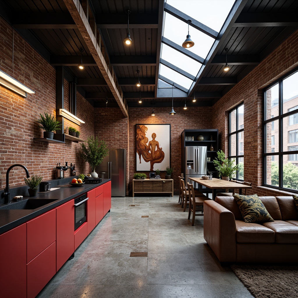 Prompt: Exposed brick walls, industrial metal beams, raw concrete floors, bold red kitchen islands, matte black cabinets, stainless steel appliances, Edison bulb lighting, reclaimed wood accents, distressed leather upholstery, rugged stone countertops, chunky ceramic vases, avant-garde art pieces, natural light pouring in through large skylights, high-contrast color scheme, dramatic shadows, 1/2 composition, moody atmospheric lighting, detailed textures, cinematic depth of field.