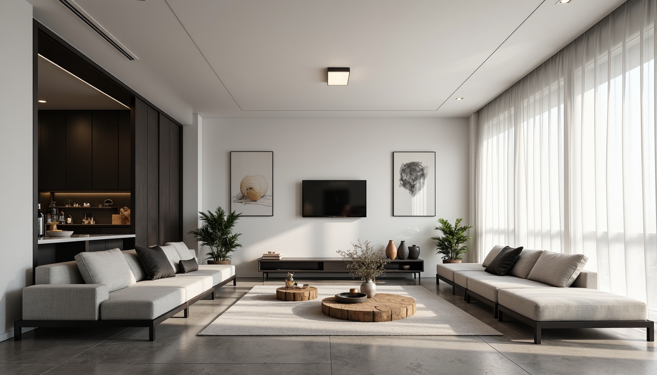 Prompt: Minimalist living room, sleek lines, monochromatic color scheme, smooth surfaces, hidden storage compartments, clutter-free atmosphere, natural light pouring in, floor-to-ceiling windows, sheer white curtains, low-profile furniture, matte black accents, polished concrete floors, geometric-shaped decorations, soft warm lighting, shallow depth of field, 3/4 composition, panoramic view, realistic textures, ambient occlusion.