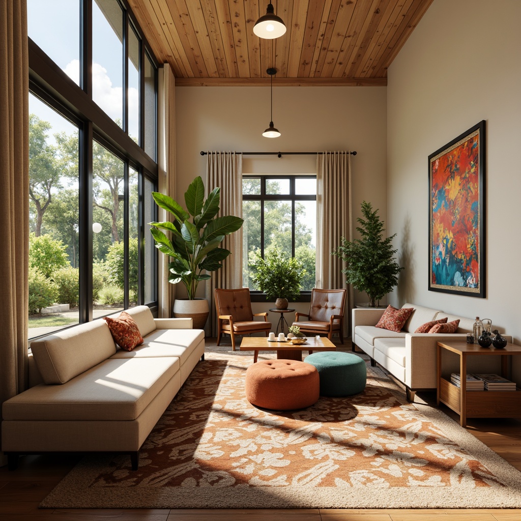 Prompt: Mid-century modern living room, elegant wooden furniture, clean-lined sofas, tufted ottomans, geometric patterned rugs, minimalist coffee tables, industrial metal lighting fixtures, warm beige walls, large windows, natural daylight, cozy reading nook, comfortable accent chairs, bold colorful artwork, lush greenery, tropical plants, warm neutral color palette, organic textures, soft ambient lighting, shallow depth of field, 1/1 composition, realistic render.