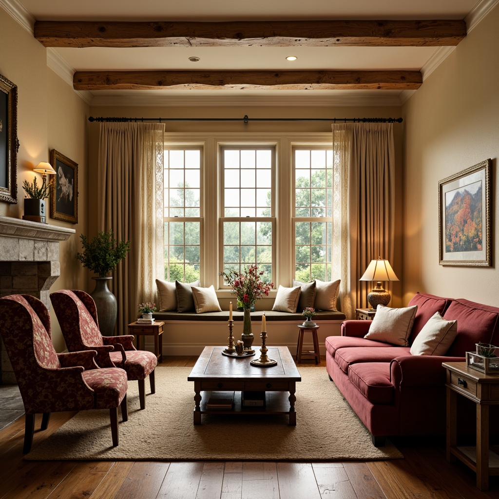 Prompt: Cozy traditional living room, warm beige walls, plush velvet sofas, rustic wooden coffee tables, soft golden lighting, ornate metal candle holders, vintage floral patterns, rich burgundy armchairs, woven jute rugs, natural stone fireplaces, classic wingback chairs, elegant lace curtains, subtle cream-colored throw pillows, inviting window seats, warm earthy tones, comforting ambiance, intimate seating arrangement, 1/2 composition, soft focus, warm color palette.