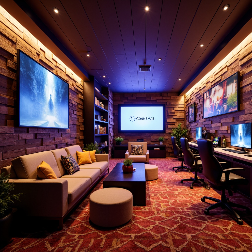 Prompt: Richly textured game room, warm wooden paneling, plush carpet flooring, comfortable couches, vibrant throw pillows, rustic stone accents, modern gaming desks, high-tech computers, sleek monitors, colorful neon lights, ambient LED strips, futuristic gaming chairs, soft cushioned ottomans, abstract geometric patterns, bold graphic prints, immersive VR experiences, cinematic sound systems, realistic acoustic simulations.