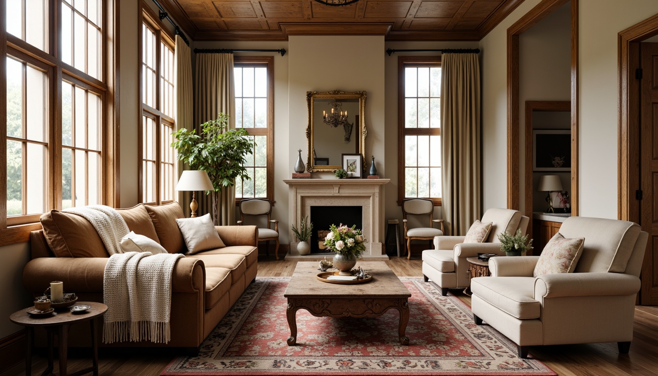 Prompt: Warm traditional living room, plush velvet sofas, soft chunky throw blankets, rich wooden coffee tables, ornate gold frames, vintage distressed rugs, comfortable oversized armchairs, subtle floral patterns, muted earthy tones, warm beige walls, creamy white trim, rustic wooden accents, table lamps with soft shades, cozy reading nook, natural light pouring through large windows, 1/1 composition, shallow depth of field, realistic textures, ambient occlusion.