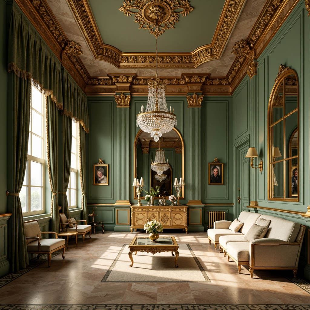 Prompt: Opulent Baroque interior, celadon green walls, ornate gold accents, intricate marble patterns, lavish furnishings, velvet drapes, crystal chandeliers, soft warm lighting, warm beige flooring, antique wooden furniture, curved lines, ornate mirrors, subtle gradient effects, 1/1 composition, shallow depth of field, realistic textures, ambient occlusion.