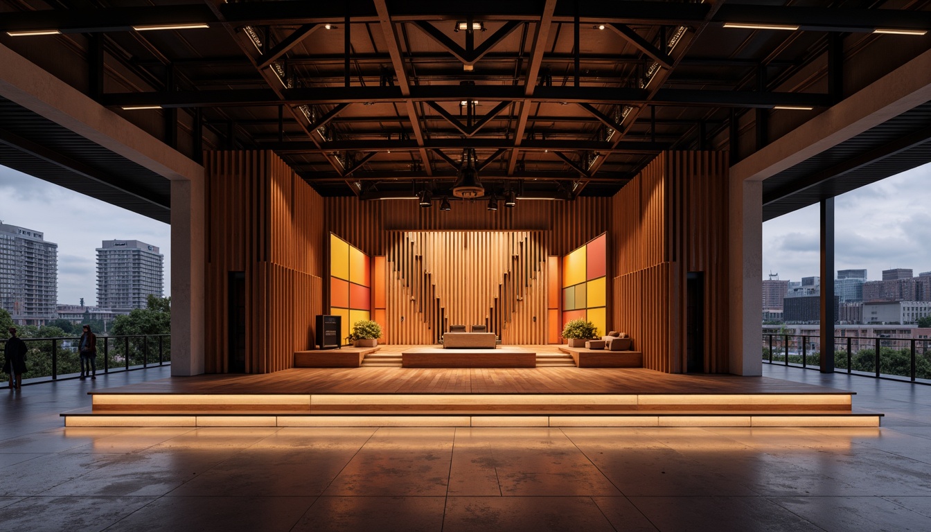 Prompt: Minimalist music venue, sleek wooden stage, modern acoustic panels, sound-absorbing materials, geometric patterns, bold colorful lighting, polished concrete floors, industrial metal beams, urban cityscape views, evening atmosphere, warm soft glow, shallow depth of field, 1/1 composition, realistic textures, ambient occlusion.