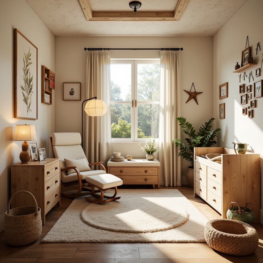 Prompt: Cozy nursery, warm wooden accents, earthy tones, soft pastel colors, plush area rugs, comfortable gliders, natural textiles, vintage decorative items, distressed wood furniture, warm table lamps, rustic metal fixtures, cream-colored walls, creamy whites, soft beige curtains, warm sunny day, gentle warm lighting, shallow depth of field, 1/1 composition, realistic textures, ambient occlusion.