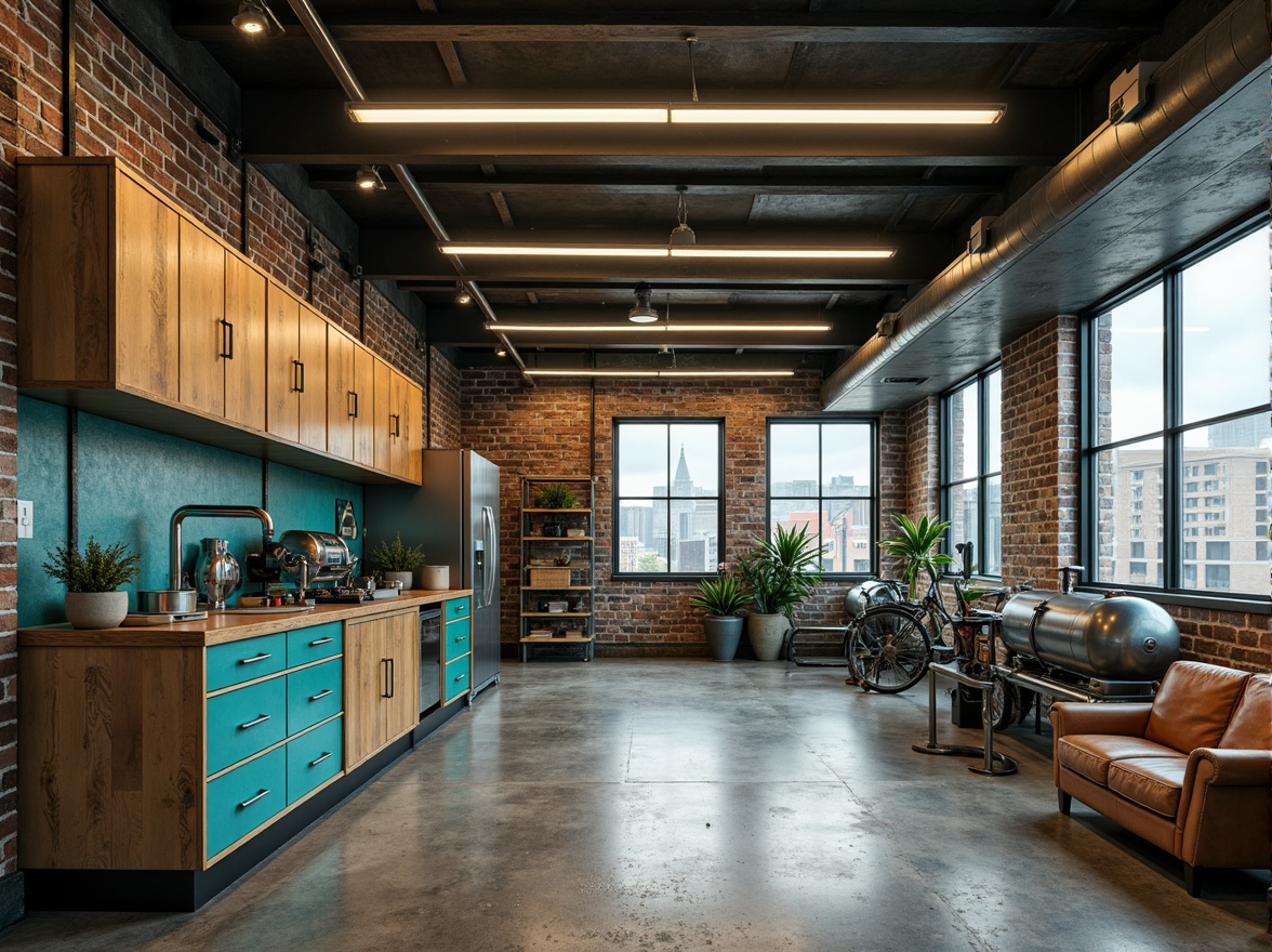 Prompt: Industrial-style garage, exposed brick walls, metal beams, concrete floors, modern LED lighting, sleek machinery, vibrant turquoise accents, warm beige tones, rustic wooden cabinets, metallic silver hardware, distressed leather textures, urban cityscape backdrop, cloudy day, soft box lighting, shallow depth of field, 2/3 composition, realistic reflections, ambient occlusion.