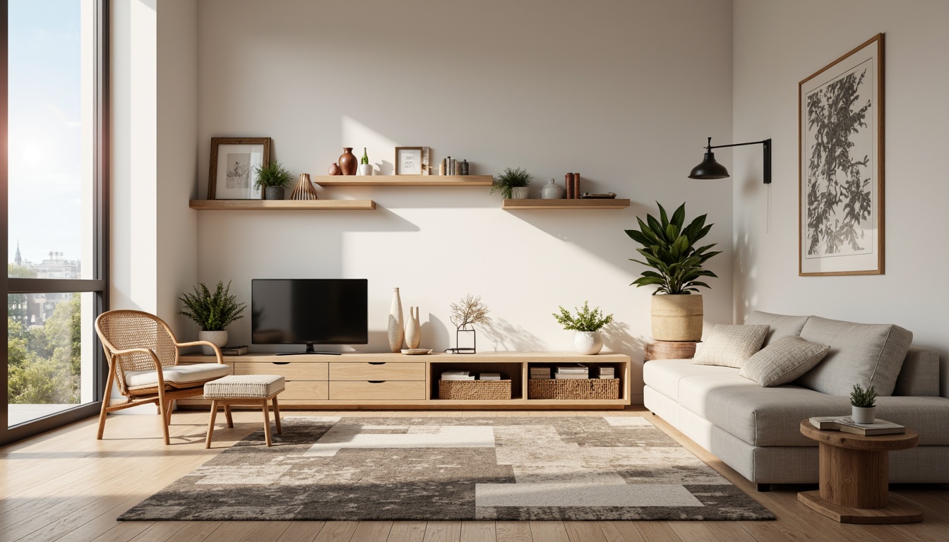 Prompt: Cozy living room, minimalist Scandinavian furniture, sleek wooden accents, neutral color palette, natural textiles, woven baskets, industrial-chic lighting fixtures, geometric patterns, functional decor, clutter-free spaces, airy atmosphere, soft warm glow, 1/1 composition, shallow depth of field, realistic wood grains, ambient occlusion.